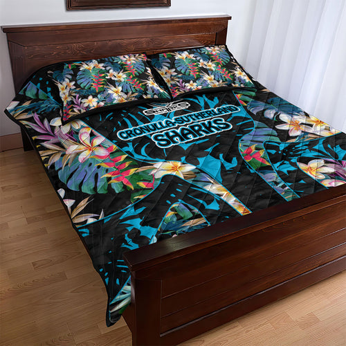 Cronulla-Sutherland Sharks Quilt Bed Set Tropical Island Floral Pattern With Black And Blue Accents