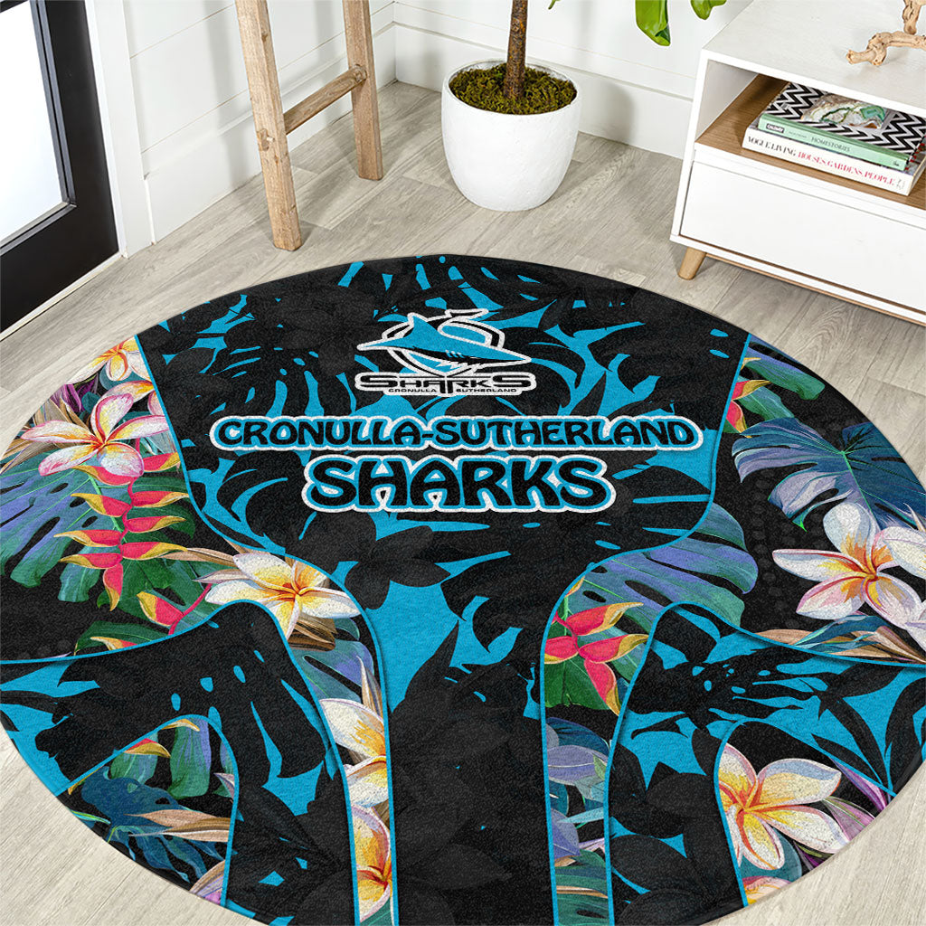 Cronulla-Sutherland Sharks Round Carpet Tropical Island Floral Pattern With Black And Blue Accents
