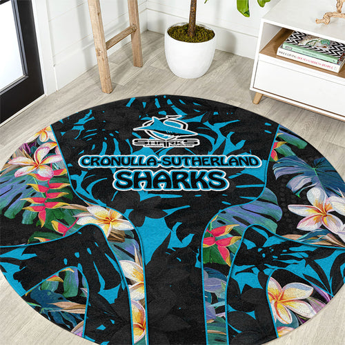 Cronulla-Sutherland Sharks Round Carpet Tropical Island Floral Pattern With Black And Blue Accents