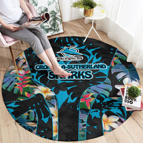 Cronulla-Sutherland Sharks Round Carpet Tropical Island Floral Pattern With Black And Blue Accents