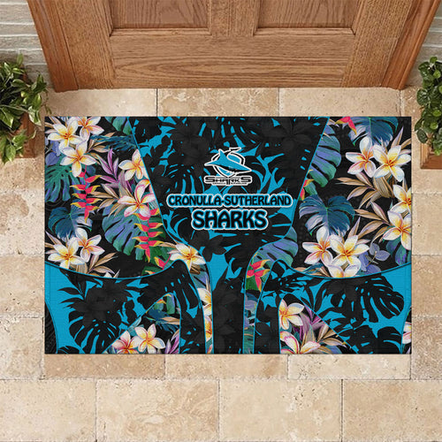 Cronulla-Sutherland Sharks Rubber Doormat Tropical Island Floral Pattern With Black And Blue Accents