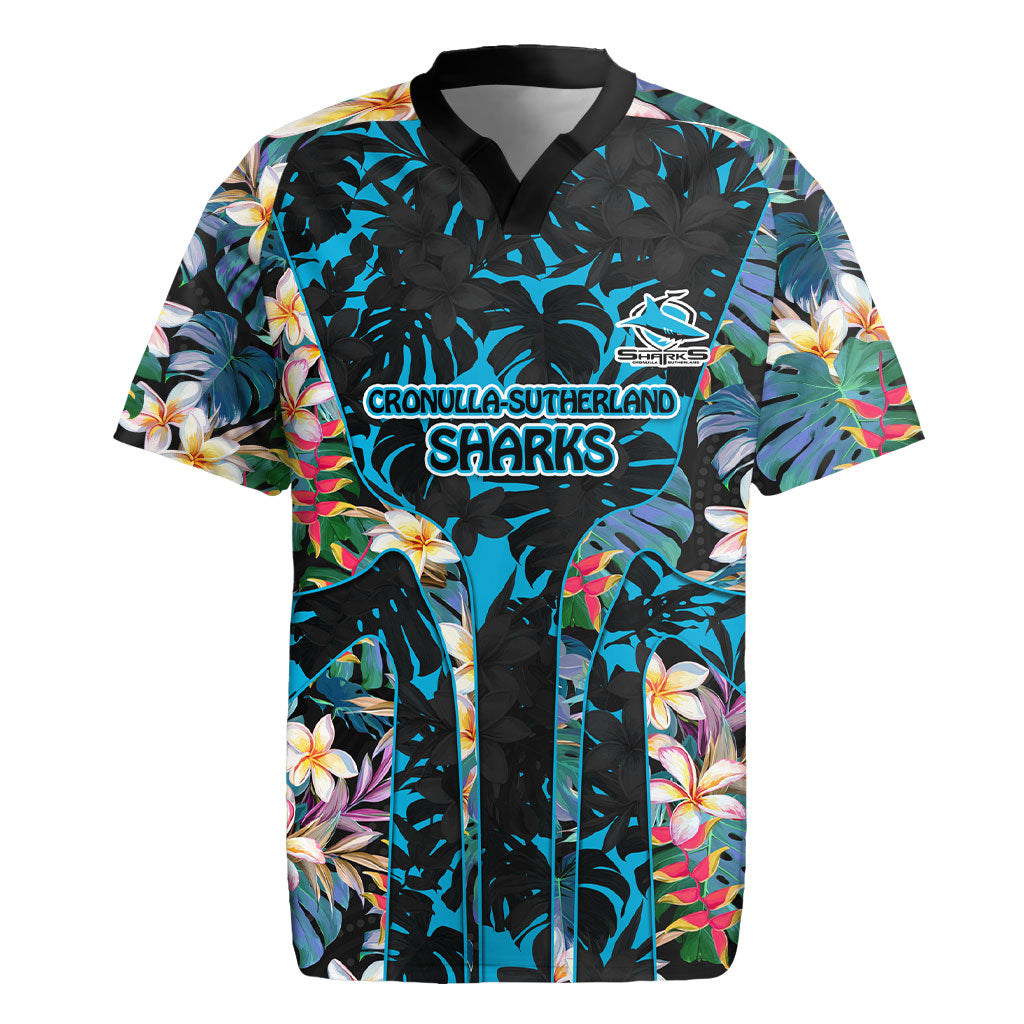Cronulla-Sutherland Sharks Rugby Jersey Tropical Island Floral Pattern With Black And Blue Accents