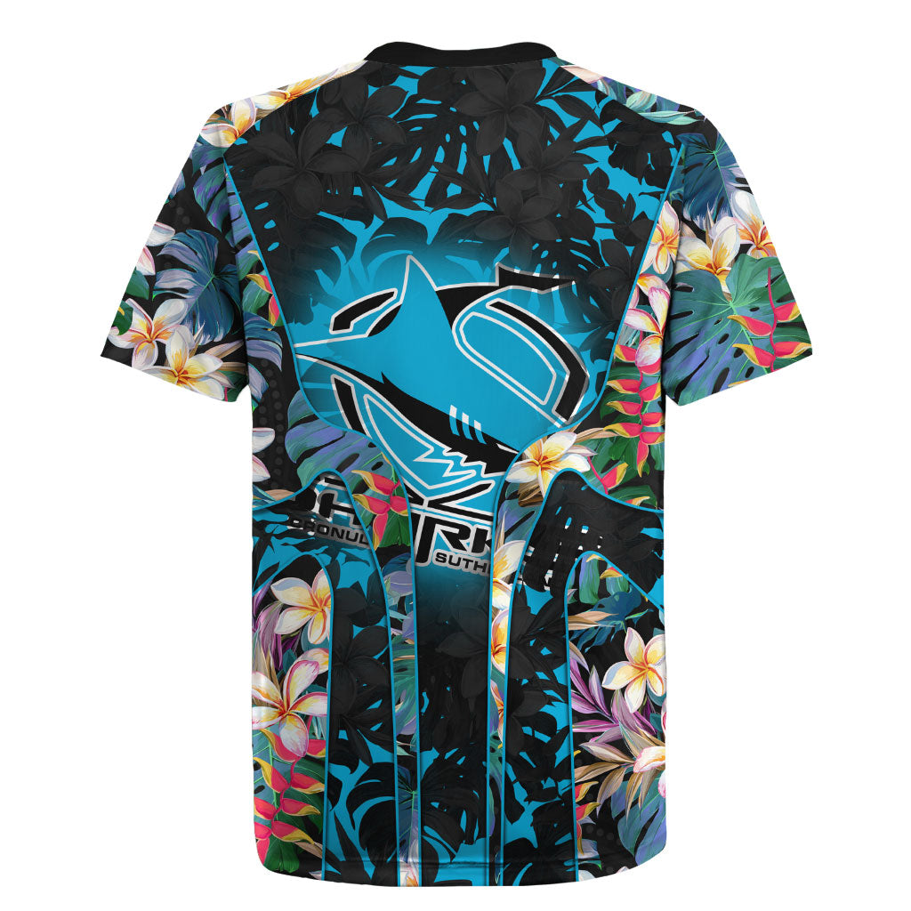 Cronulla-Sutherland Sharks Rugby Jersey Tropical Island Floral Pattern With Black And Blue Accents