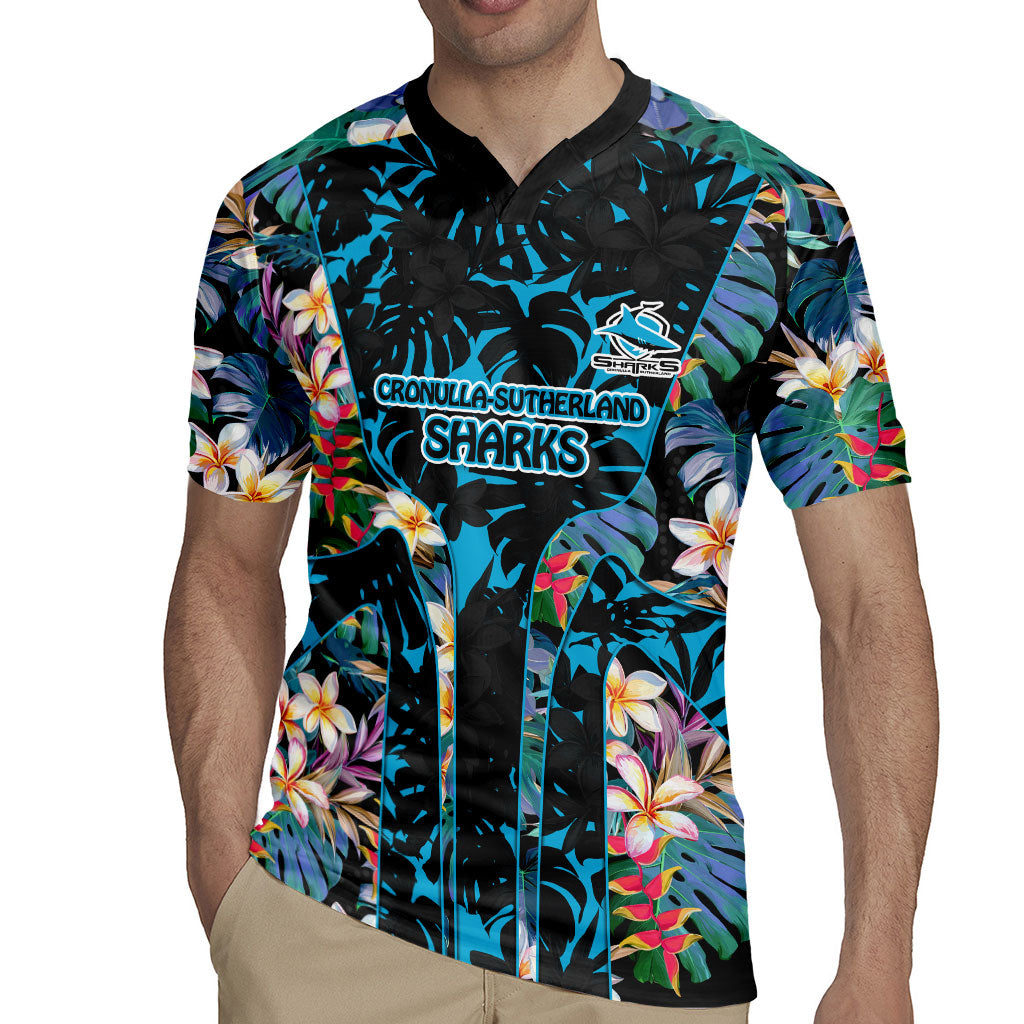Cronulla-Sutherland Sharks Rugby Jersey Tropical Island Floral Pattern With Black And Blue Accents