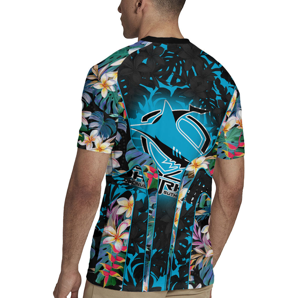Cronulla-Sutherland Sharks Rugby Jersey Tropical Island Floral Pattern With Black And Blue Accents