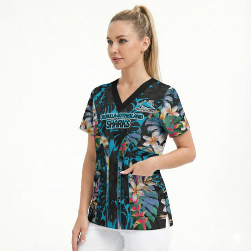 Cronulla-Sutherland Sharks Scrub Top Tropical Island Floral Pattern With Black And Blue Accents