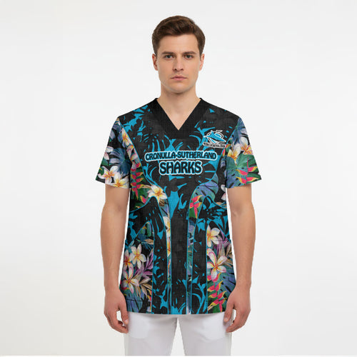 Cronulla-Sutherland Sharks Scrub Top Tropical Island Floral Pattern With Black And Blue Accents