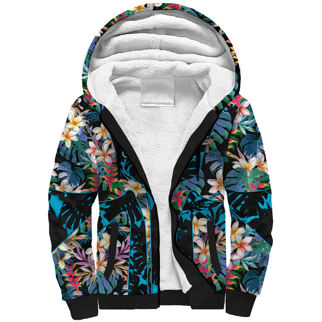 Cronulla-Sutherland Sharks Sherpa Hoodie Tropical Island Floral Pattern With Black And Blue Accents