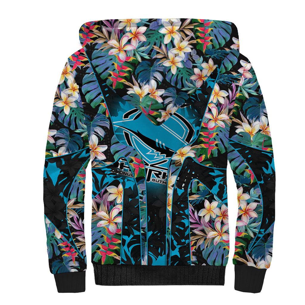 Cronulla-Sutherland Sharks Sherpa Hoodie Tropical Island Floral Pattern With Black And Blue Accents