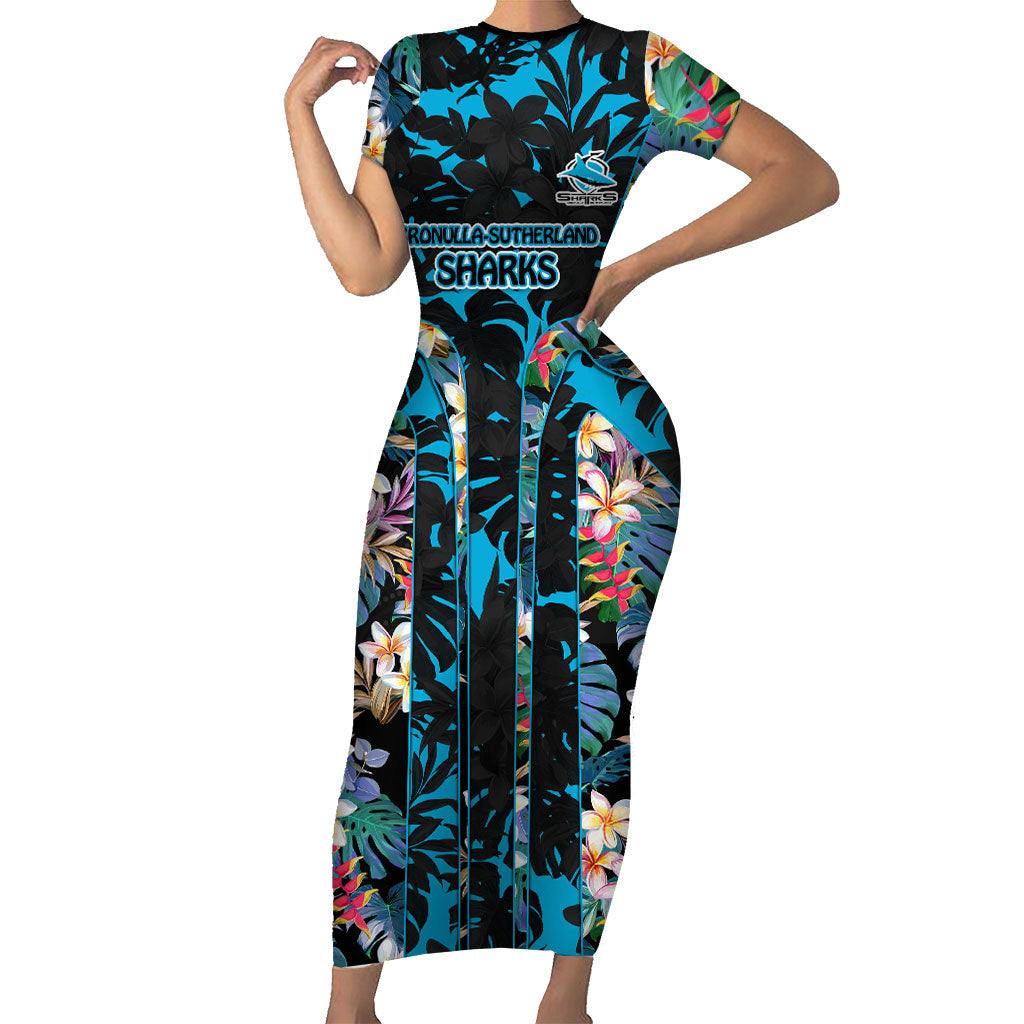 Cronulla-Sutherland Sharks Short Sleeve Bodycon Dress Tropical Island Floral Pattern With Black And Blue Accents
