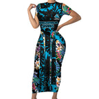 Cronulla-Sutherland Sharks Short Sleeve Bodycon Dress Tropical Island Floral Pattern With Black And Blue Accents