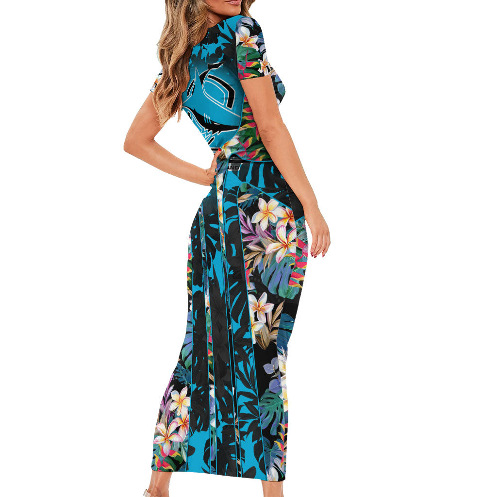 Cronulla-Sutherland Sharks Short Sleeve Bodycon Dress Tropical Island Floral Pattern With Black And Blue Accents