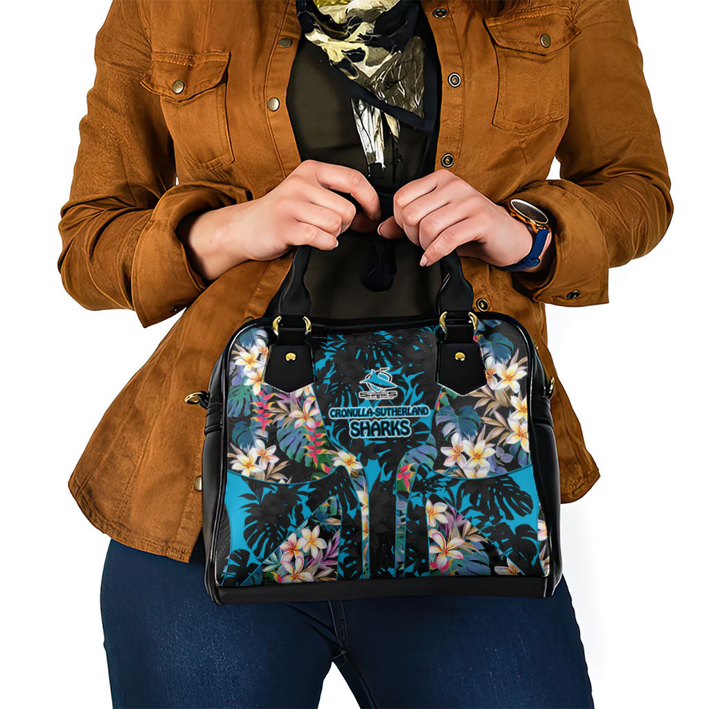 Cronulla-Sutherland Sharks Shoulder Handbag Tropical Island Floral Pattern With Black And Blue Accents