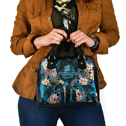Cronulla-Sutherland Sharks Shoulder Handbag Tropical Island Floral Pattern With Black And Blue Accents