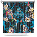 Cronulla-Sutherland Sharks Shower Curtain Tropical Island Floral Pattern With Black And Blue Accents