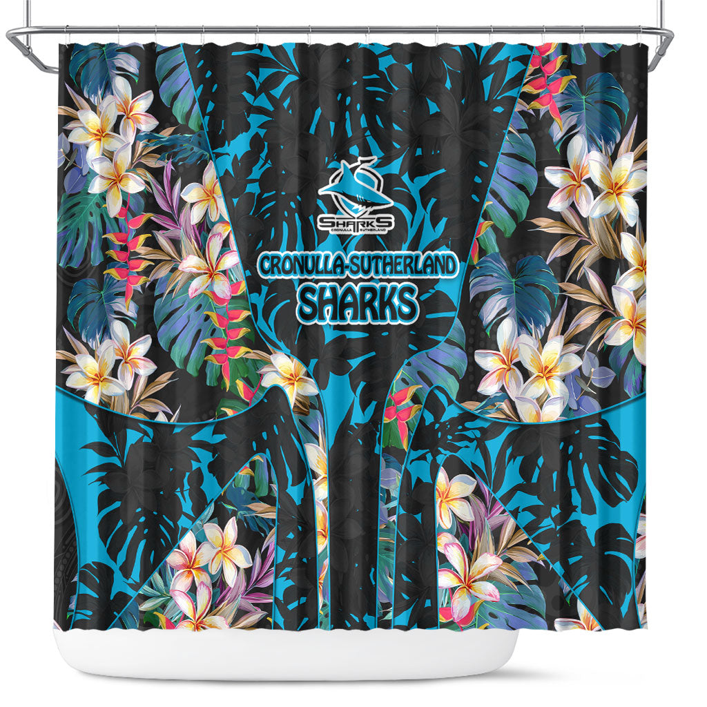 Cronulla-Sutherland Sharks Shower Curtain Tropical Island Floral Pattern With Black And Blue Accents