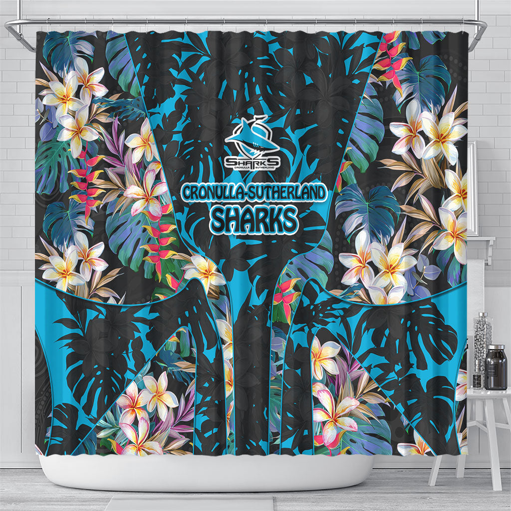 Cronulla-Sutherland Sharks Shower Curtain Tropical Island Floral Pattern With Black And Blue Accents