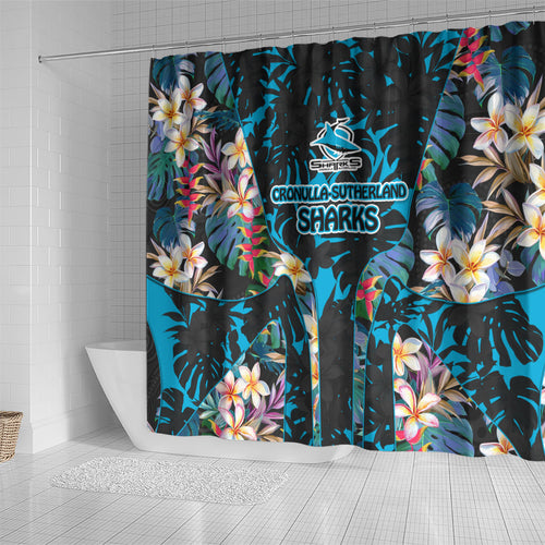 Cronulla-Sutherland Sharks Shower Curtain Tropical Island Floral Pattern With Black And Blue Accents