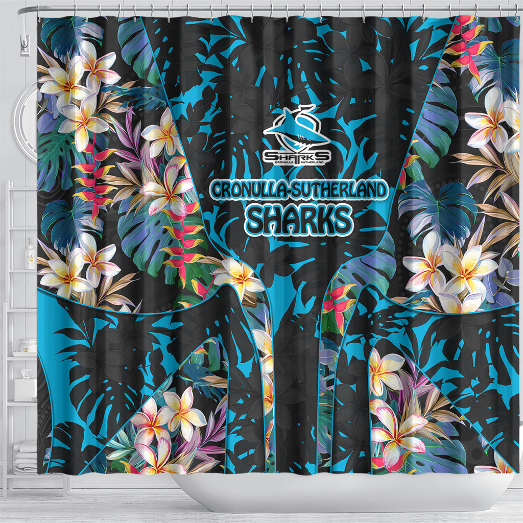 Cronulla-Sutherland Sharks Shower Curtain Tropical Island Floral Pattern With Black And Blue Accents