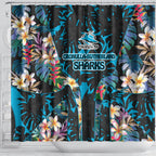 Cronulla-Sutherland Sharks Shower Curtain Tropical Island Floral Pattern With Black And Blue Accents