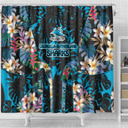 Cronulla-Sutherland Sharks Shower Curtain Tropical Island Floral Pattern With Black And Blue Accents