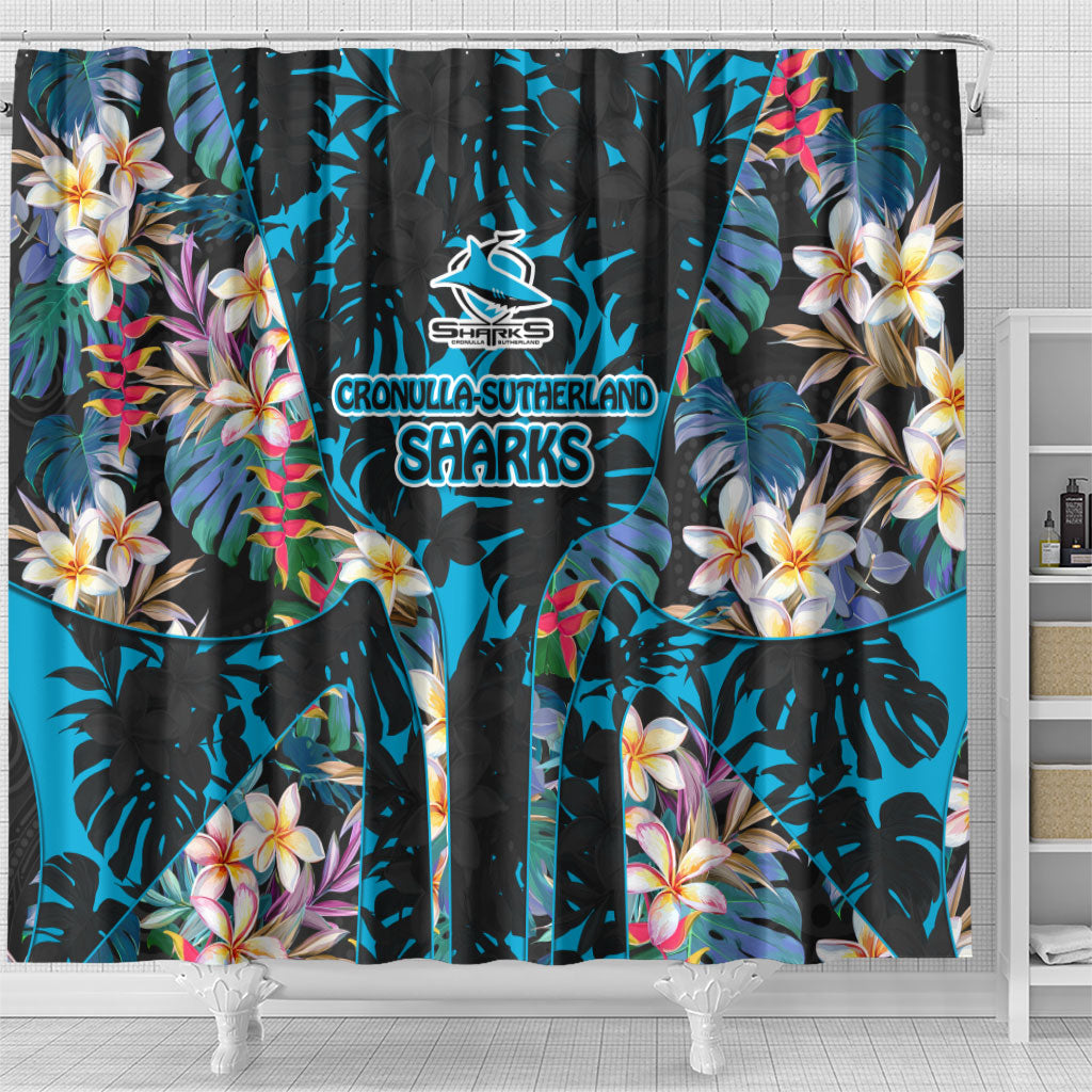 Cronulla-Sutherland Sharks Shower Curtain Tropical Island Floral Pattern With Black And Blue Accents