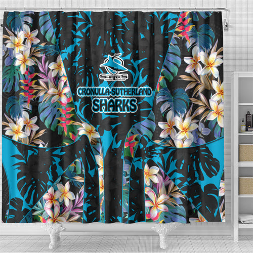 Cronulla-Sutherland Sharks Shower Curtain Tropical Island Floral Pattern With Black And Blue Accents