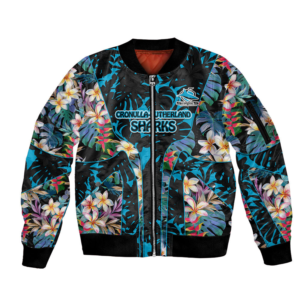 Cronulla-Sutherland Sharks Sleeve Zip Bomber Jacket Tropical Island Floral Pattern With Black And Blue Accents