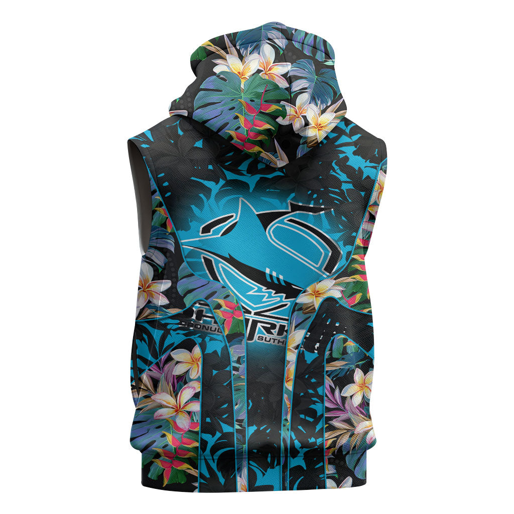 Cronulla-Sutherland Sharks Sleeveless Hoodie Tropical Island Floral Pattern With Black And Blue Accents
