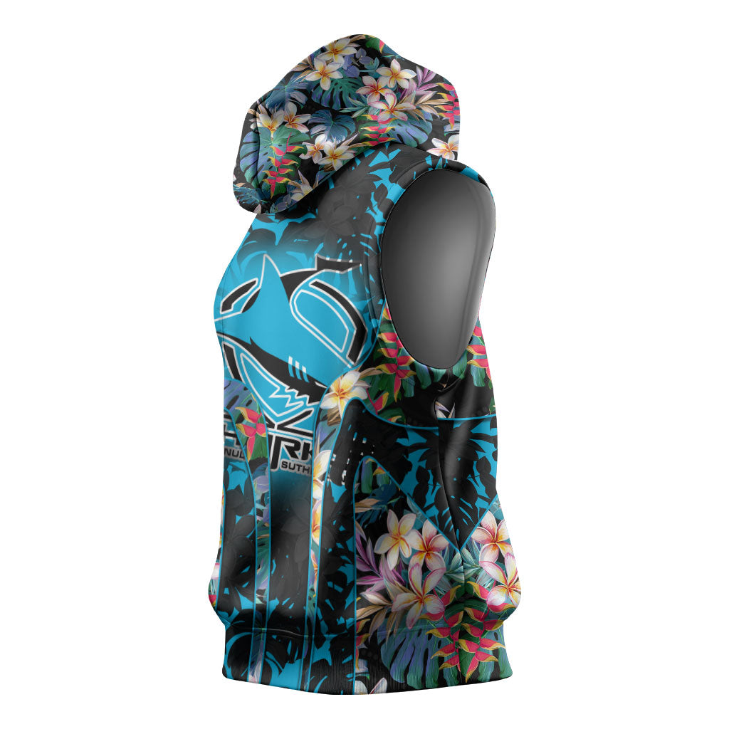 Cronulla-Sutherland Sharks Sleeveless Hoodie Tropical Island Floral Pattern With Black And Blue Accents
