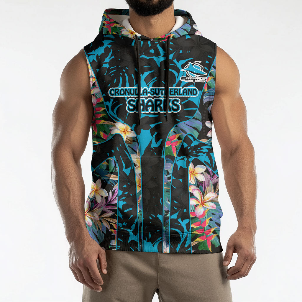 Cronulla-Sutherland Sharks Sleeveless Hoodie Tropical Island Floral Pattern With Black And Blue Accents