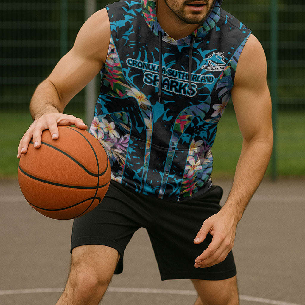 Cronulla-Sutherland Sharks Sleeveless Hoodie Tropical Island Floral Pattern With Black And Blue Accents