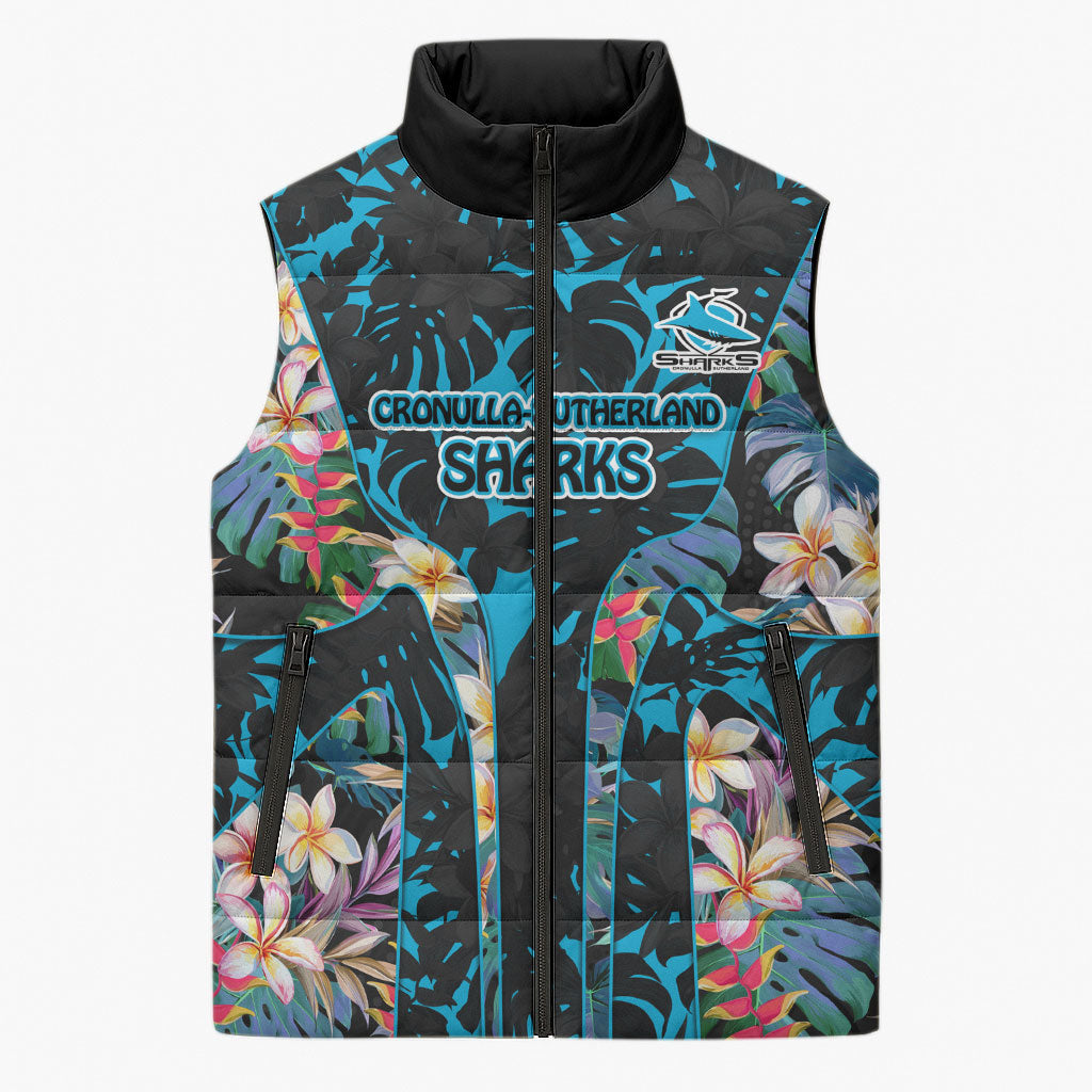 Cronulla-Sutherland Sharks Sleeveless Puffer Jacket Tropical Island Floral Pattern With Black And Blue Accents