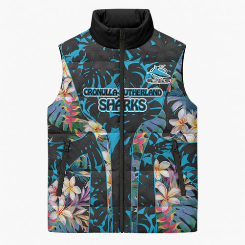 Cronulla-Sutherland Sharks Sleeveless Puffer Jacket Tropical Island Floral Pattern With Black And Blue Accents