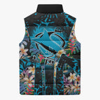 Cronulla-Sutherland Sharks Sleeveless Puffer Jacket Tropical Island Floral Pattern With Black And Blue Accents