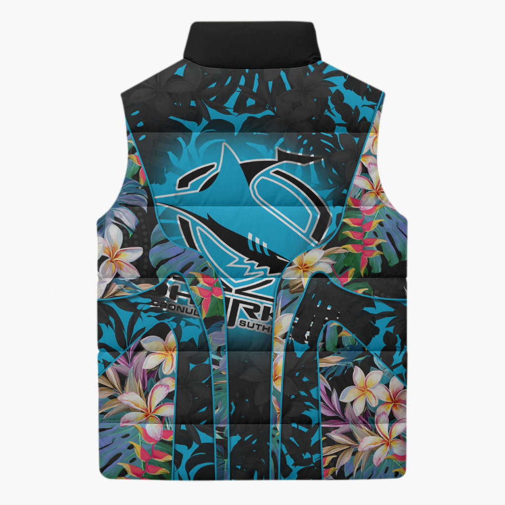Cronulla-Sutherland Sharks Sleeveless Puffer Jacket Tropical Island Floral Pattern With Black And Blue Accents