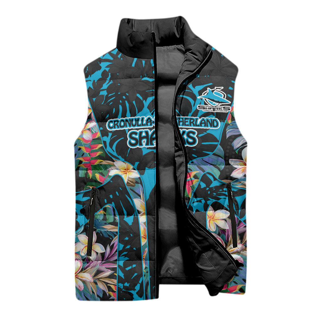 Cronulla-Sutherland Sharks Sleeveless Puffer Jacket Tropical Island Floral Pattern With Black And Blue Accents