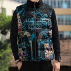 Cronulla-Sutherland Sharks Sleeveless Puffer Jacket Tropical Island Floral Pattern With Black And Blue Accents
