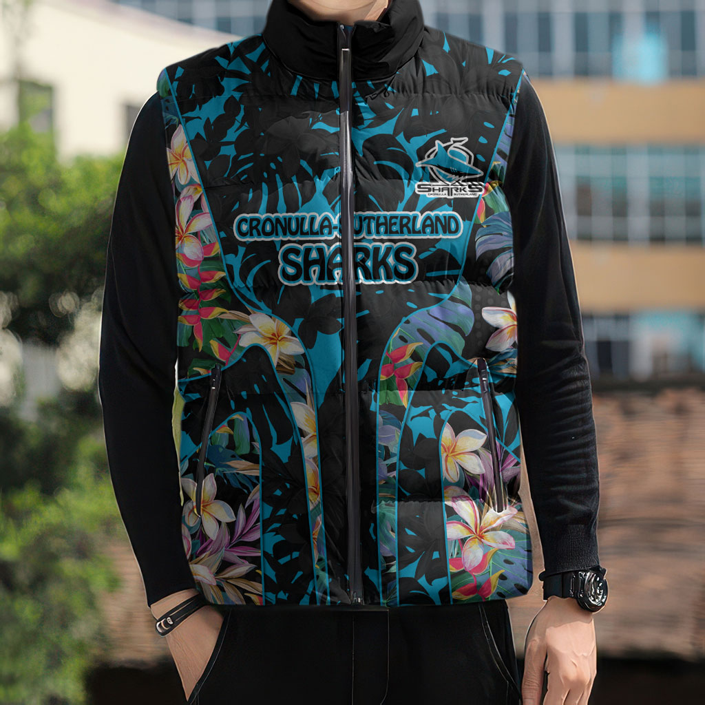 Cronulla-Sutherland Sharks Sleeveless Puffer Jacket Tropical Island Floral Pattern With Black And Blue Accents