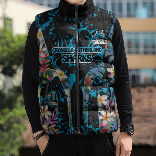 Cronulla-Sutherland Sharks Sleeveless Puffer Jacket Tropical Island Floral Pattern With Black And Blue Accents