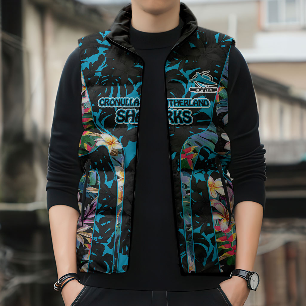 Cronulla-Sutherland Sharks Sleeveless Puffer Jacket Tropical Island Floral Pattern With Black And Blue Accents