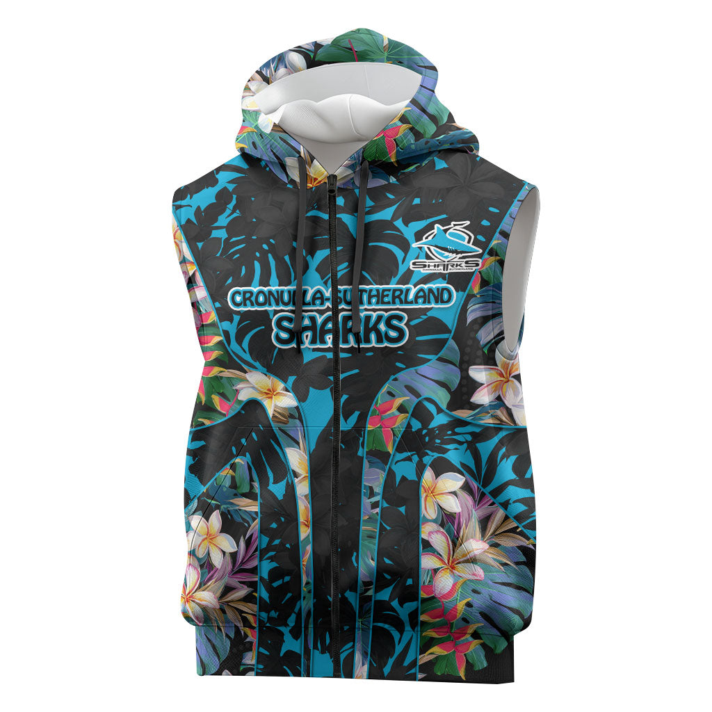 Cronulla-Sutherland Sharks Sleeveless Zip Hoodie Tropical Island Floral Pattern With Black And Blue Accents