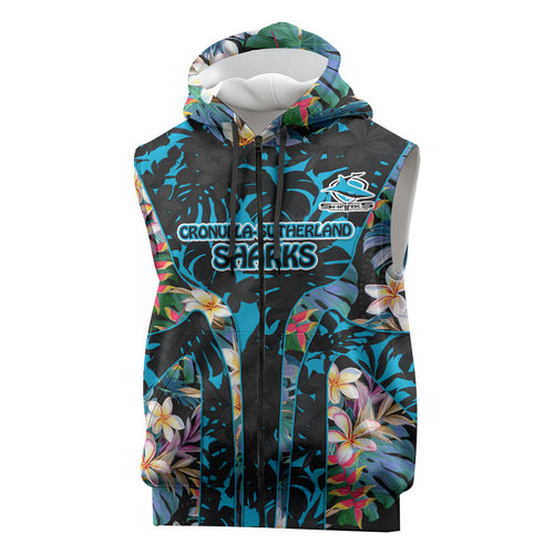 Cronulla-Sutherland Sharks Sleeveless Zip Hoodie Tropical Island Floral Pattern With Black And Blue Accents