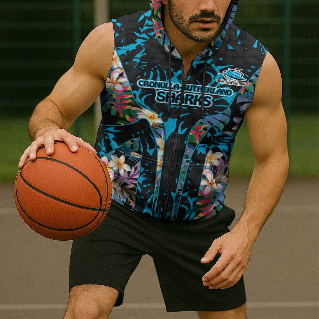 Cronulla-Sutherland Sharks Sleeveless Zip Hoodie Tropical Island Floral Pattern With Black And Blue Accents