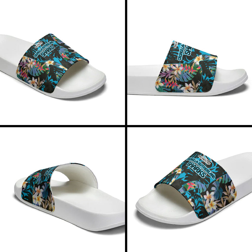 Cronulla-Sutherland Sharks Slide Sandals Tropical Island Floral Pattern With Black And Blue Accents