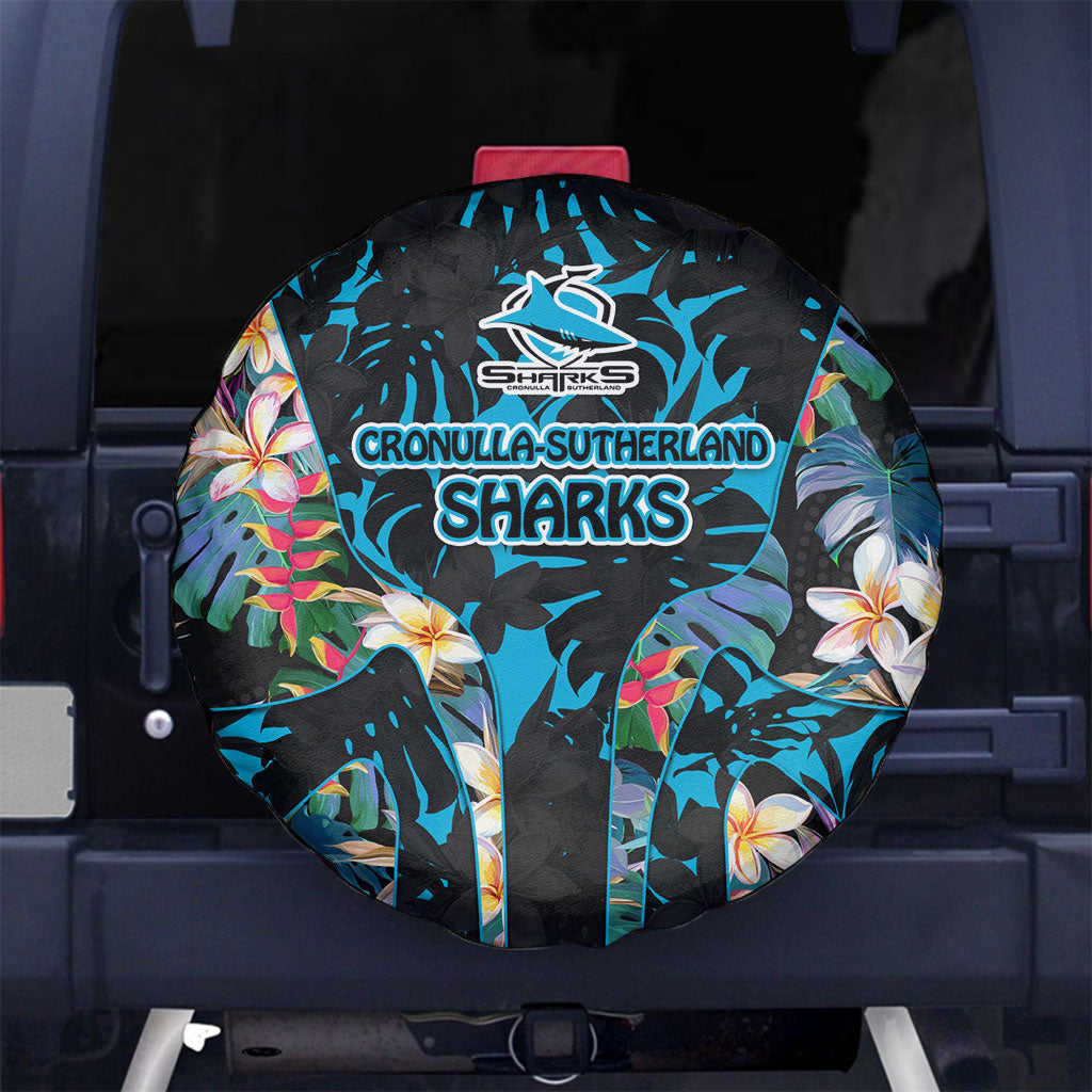 Cronulla-Sutherland Sharks Spare Tire Cover Tropical Island Floral Pattern With Black And Blue Accents
