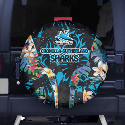 Cronulla-Sutherland Sharks Spare Tire Cover Tropical Island Floral Pattern With Black And Blue Accents
