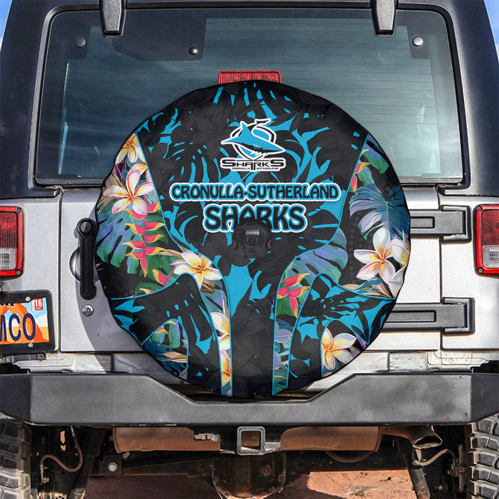 Cronulla-Sutherland Sharks Spare Tire Cover Tropical Island Floral Pattern With Black And Blue Accents