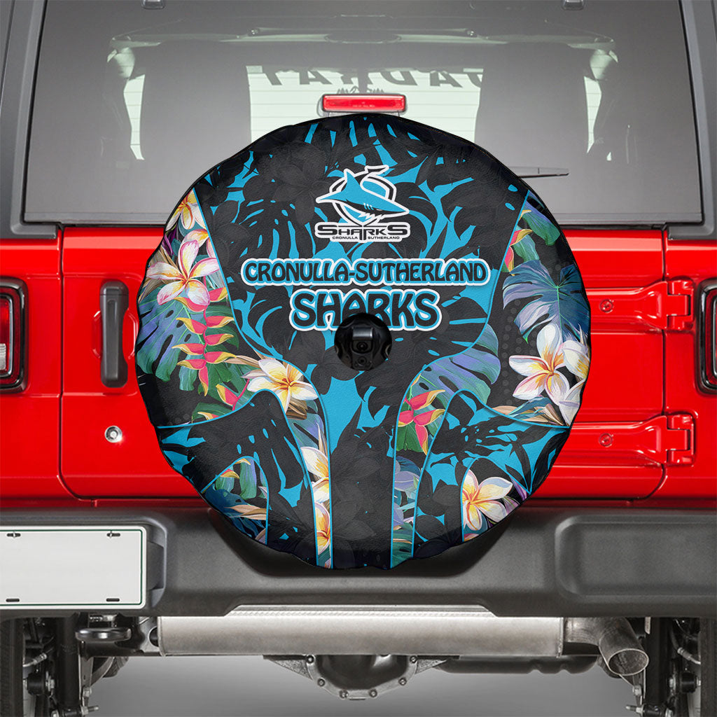 Cronulla-Sutherland Sharks Spare Tire Cover Tropical Island Floral Pattern With Black And Blue Accents