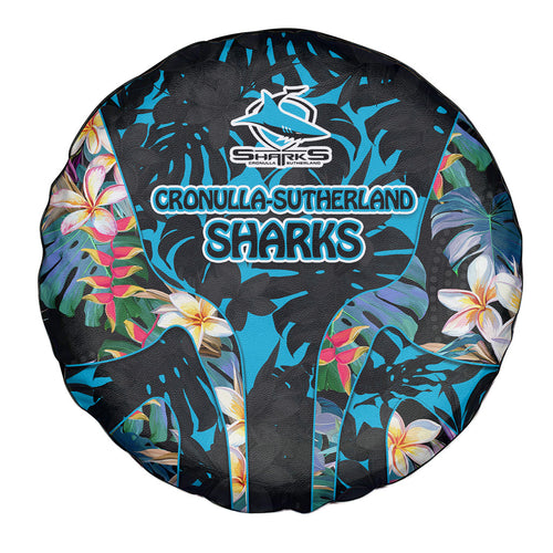 Cronulla-Sutherland Sharks Spare Tire Cover Tropical Island Floral Pattern With Black And Blue Accents